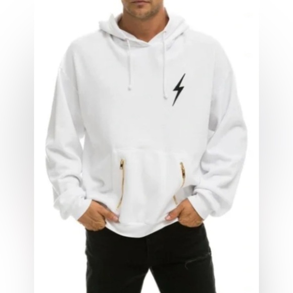 Aviator Nation White Relaxed Hoodie with black lightening bolt patch, Medium - Picture 3 of 8